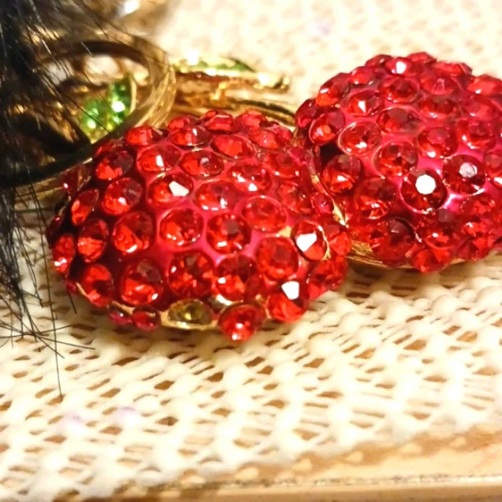 Crystal Cherries Bag Charm Key Chain Red w Black Faux Mink‎ Black Pom